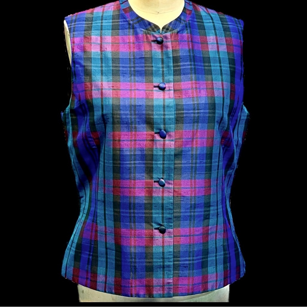 Talbots pure silk sleeveless blouse vest dark moody academia tartan plaid‎ check